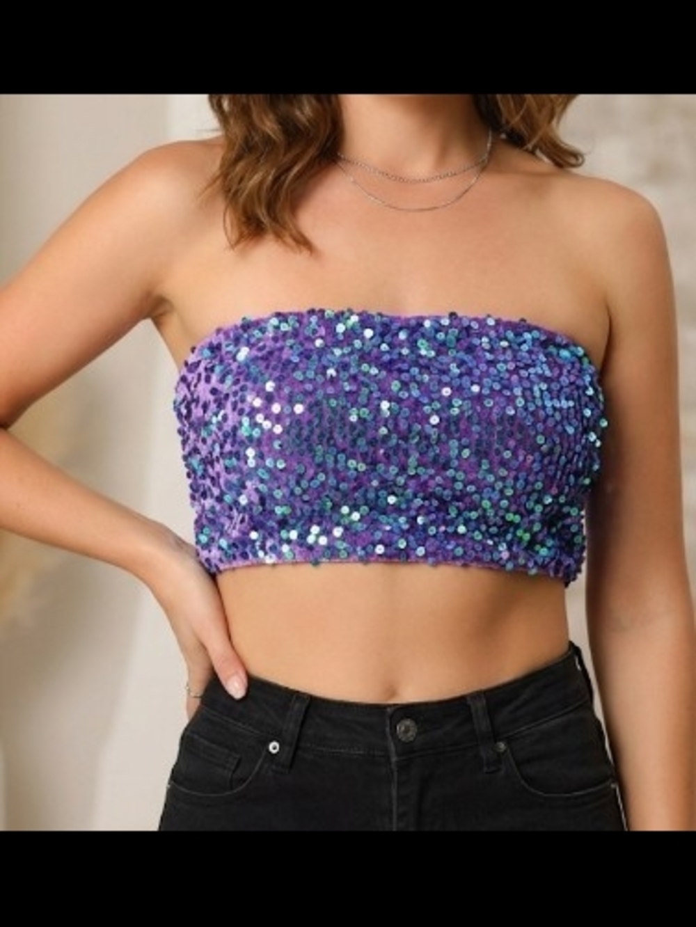 Nasty Gal Purple Sequin Strapless Bandeau Crop Top (Sz 6) Mermaid Event Festival
